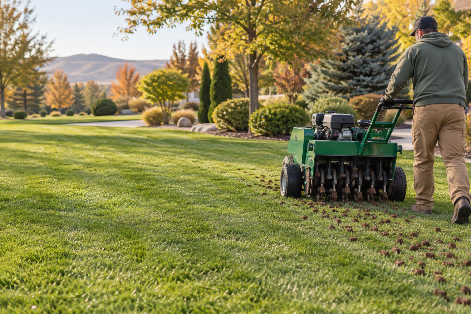 Professional lawn aerator machine working across a residential lawn