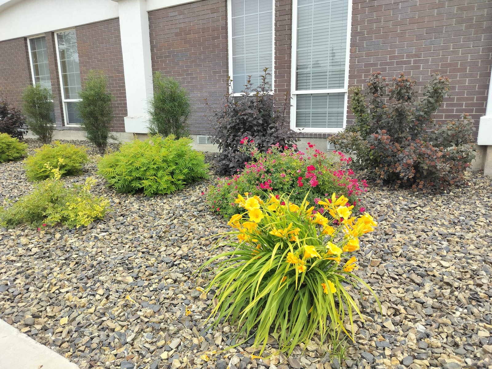 Commercial flower and rock beds maintained by Green Grin