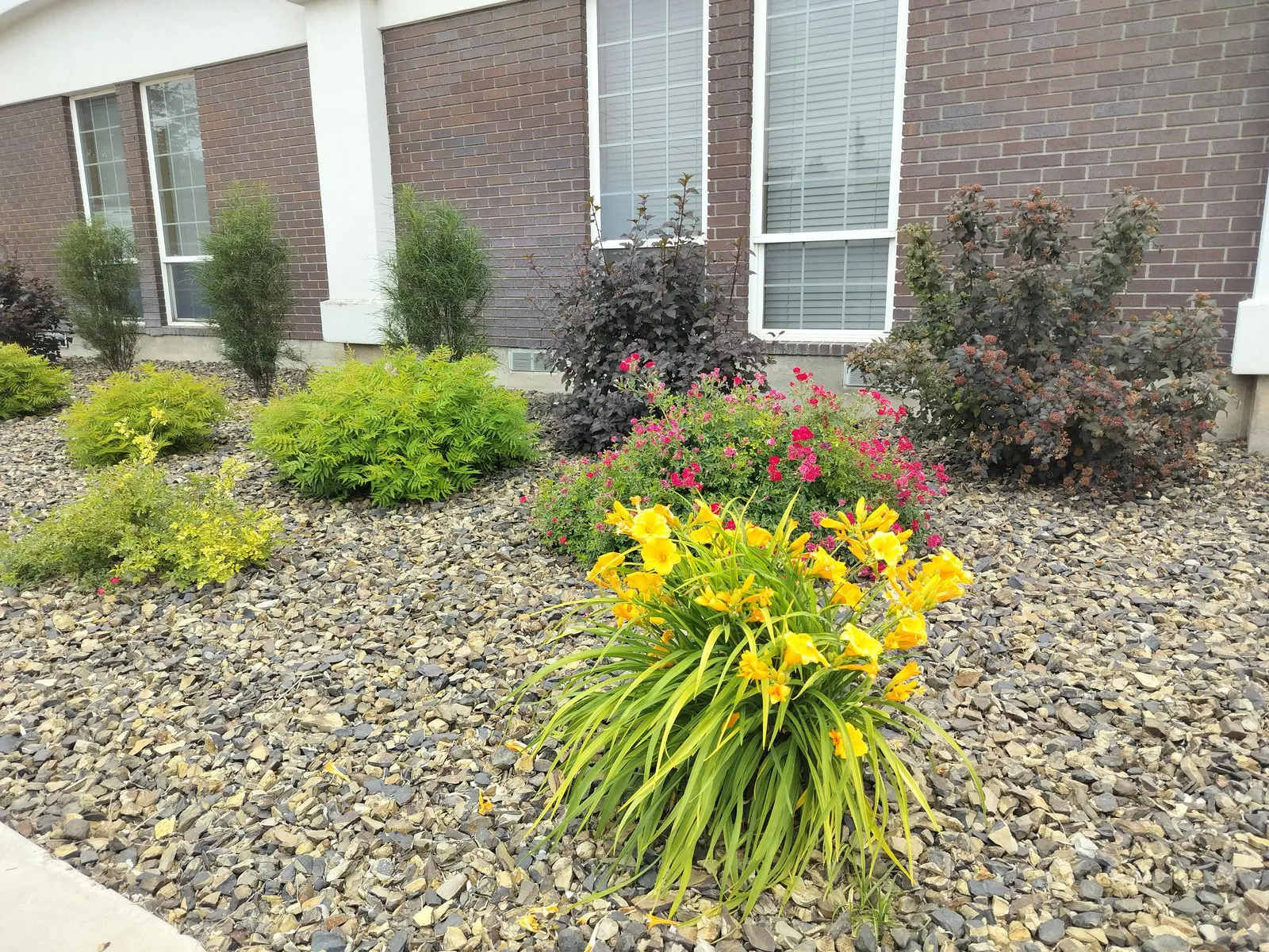 Commercial flower and rock beds maintained by Green Grin