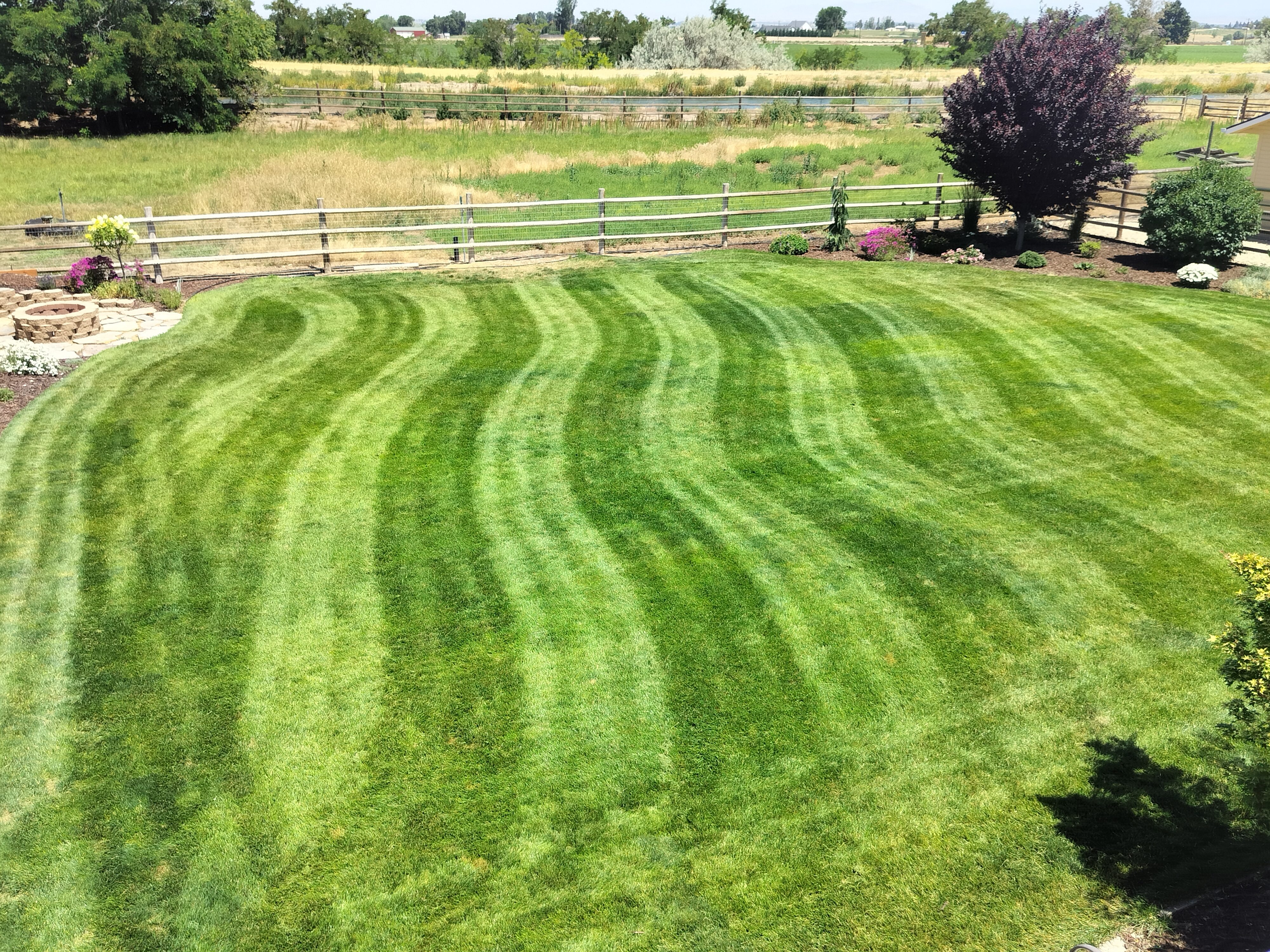 Large striped green lawn maintained by Green Grin