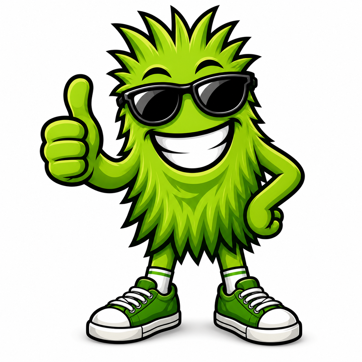 Grin, the smiling Green Grin Lawn and Landscape mascot giving a thumbs up